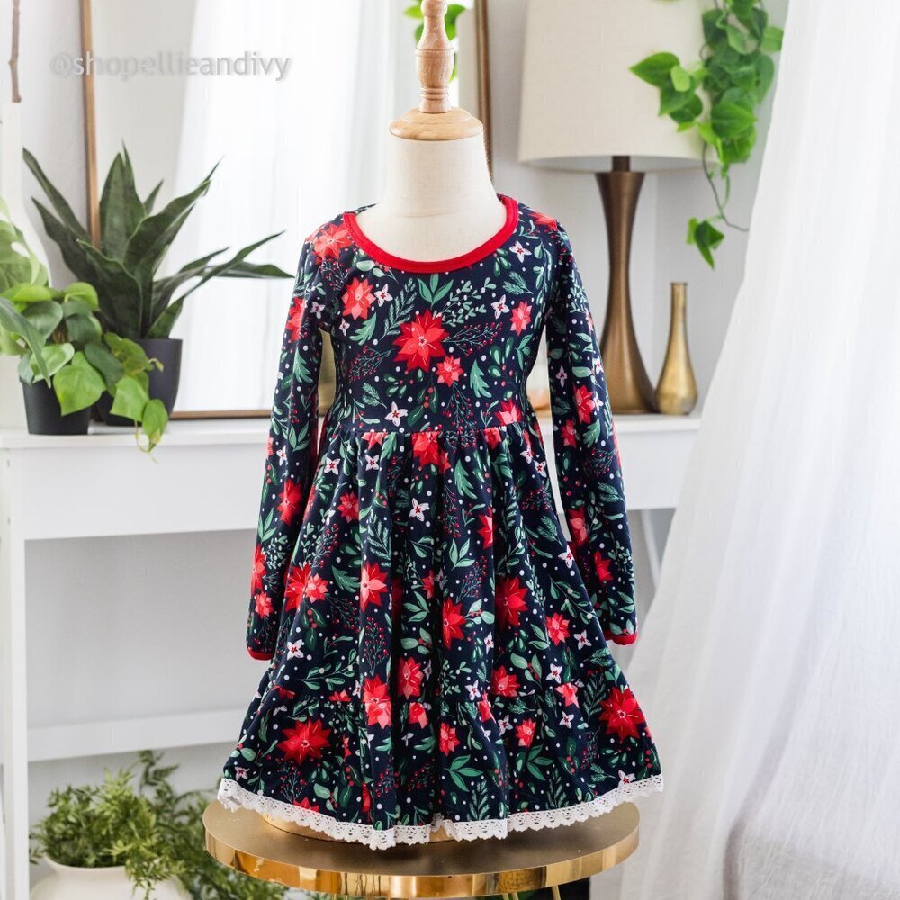Eliza Cate & Co 4T Black Red Christmas Dress with White Lace Trim